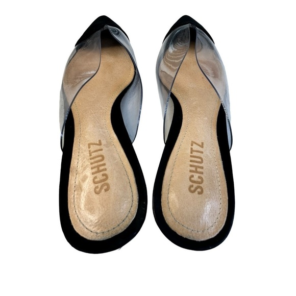 Schutz ‘Annalise’ Black Suede and Clear PVC Mules Falts Slides Size 6 - Picture 3 of 6
